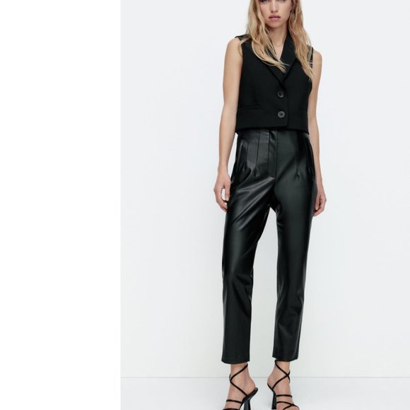 ZARA BLACK HIGH-RISE FAUX LEATHER ANKLE TROUSERS - Picture 6 of 16